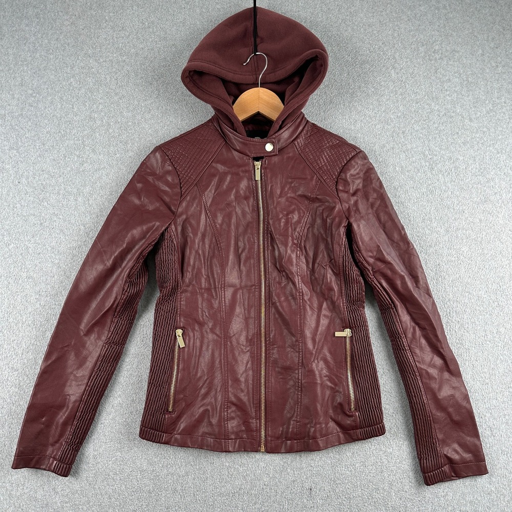 GBG Jacket Womens Small Maroon Faux Leather Hooded Moto Biker Quilted